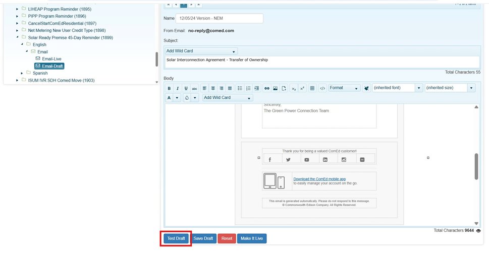 Screenshot 7: Template editor — Test Draft button at the bottom highlighted