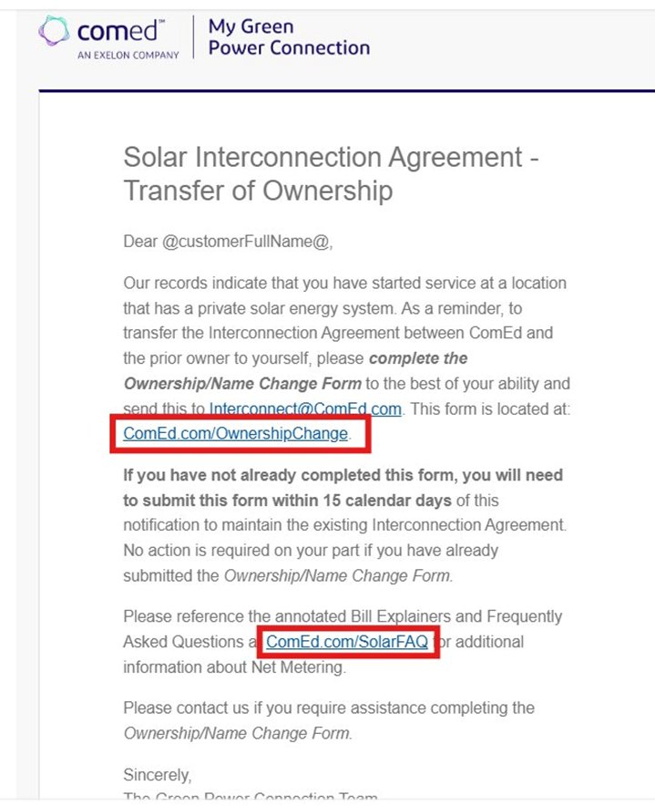 Screenshot 10: Email body — both tracked links highlighted (ComEd.com/OwnershipChange and ComEd.com/SolarFAQ)