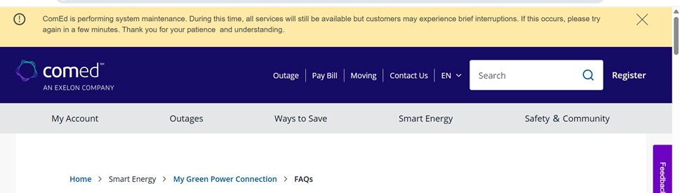 Screenshot 12: URL 2 — ComEd.com/SolarFAQ opened successfully (My Green Power Connection FAQs page)