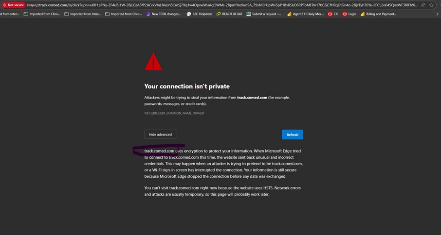 Screenshot 1: Browser displaying 'Your connection isn't private' error (NET::ERR_CERT_COMMON_NAME_INVALID) on track.comed.com