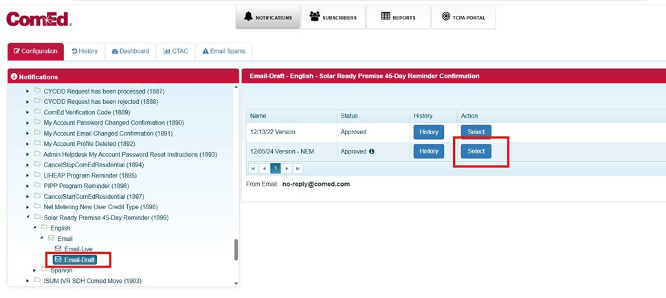Screenshot 5: Template version list — Select button on the current live version