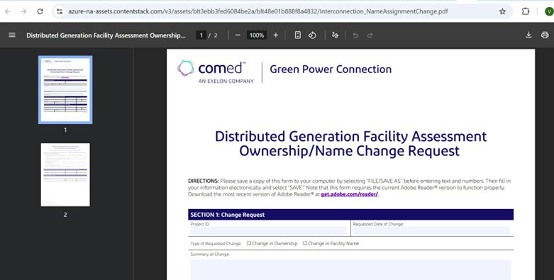 Screenshot 11: URL 1 — ComEd.com/OwnershipChange opened successfully (Distributed Generation Facility Assessment PDF)