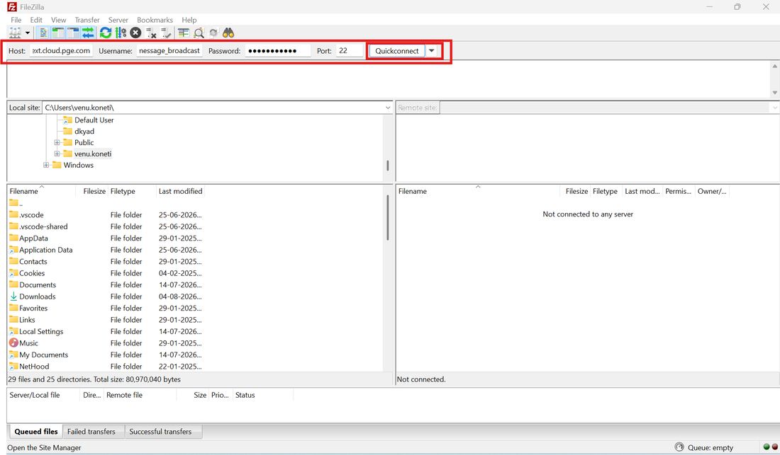 FileZilla Quickconnect bar with Host, Username, Password, and Port fields entered before connecting