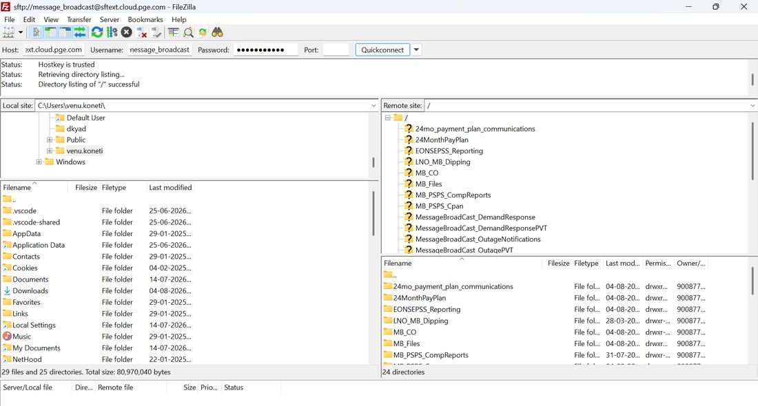 FileZilla connected to the SFTP host, showing the root directory listing on the remote site