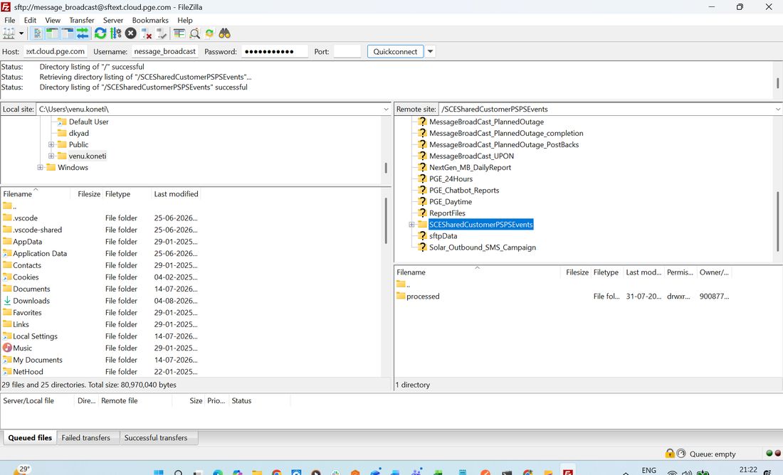 FileZilla remote site showing the SCESharedCustomerPSPSEvents folder selected, with a processed subfolder visible inside it