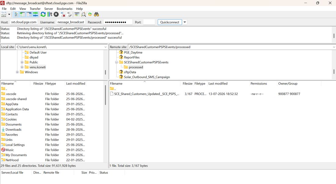 FileZilla SFTP client showing the uploaded file present inside the processed subfolder of the client's shared directory